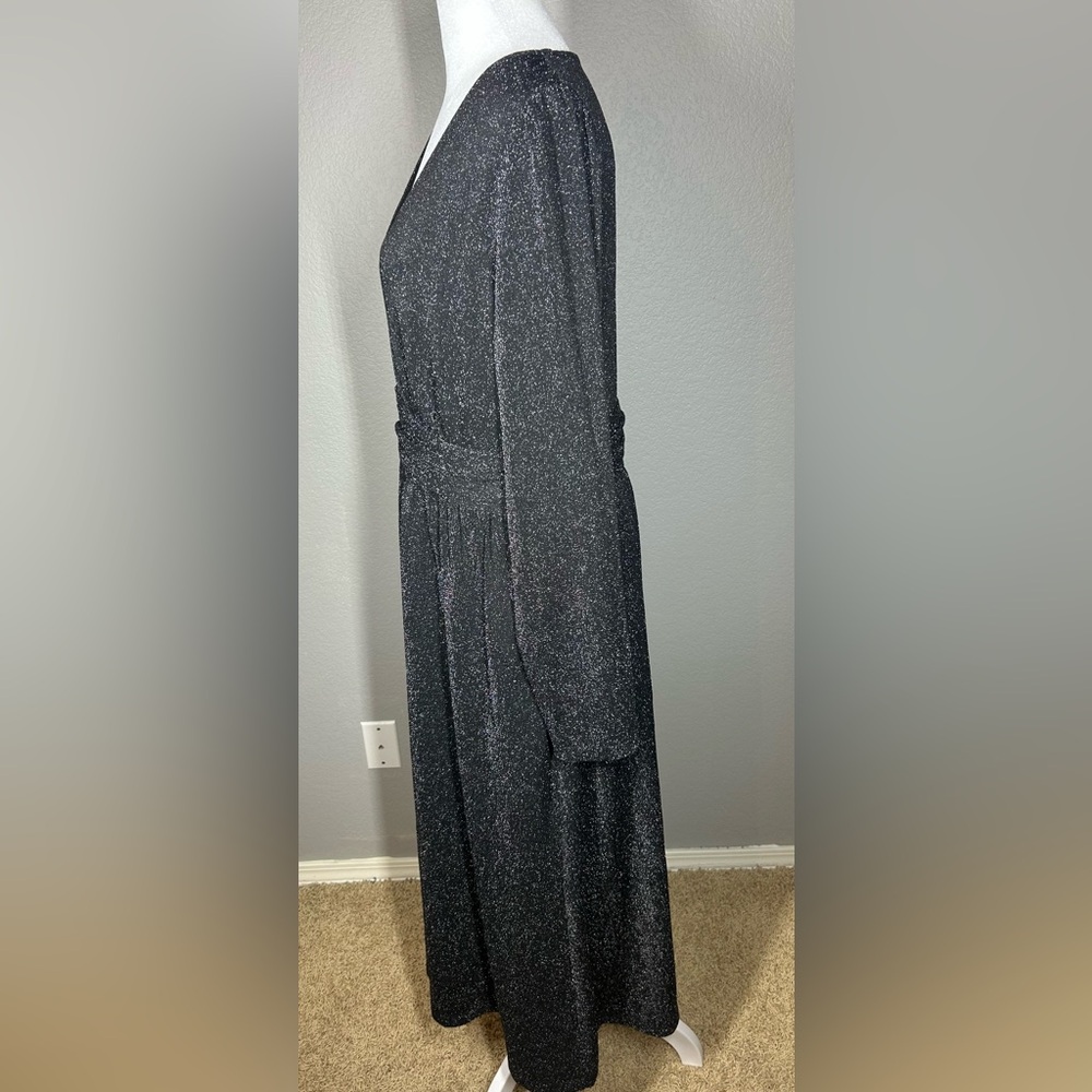 BODEN NWT Black Silver Sparkle Long Sleeve V-Neck Ruched Midi Party Dress Sz 12 - Picture 8 of 16